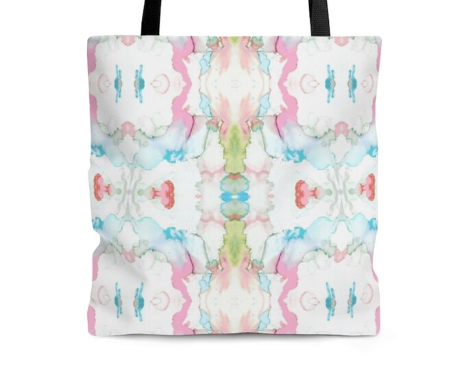 Mirrored Watercolor Market Tote, Colorful Printed Shoulder Bag, Multi Colored Pink/Green/Blue Abstract/Modern/Bright Reusable Grocery Sac