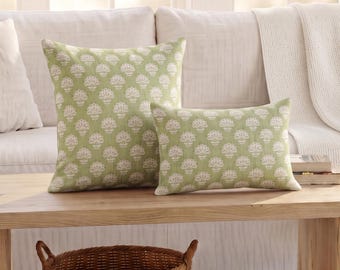 Floral Block Print Throw Pillow Cover, Light Olive Green, Farmhouse Style