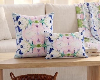 Watercolor Throw Pillow Cover, Pink, Navy, Green Abstract Print