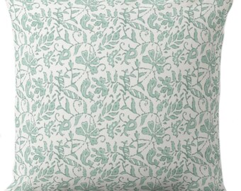 OUTDOOR Floral Block Print Throw Pillow Cover, Eucalyptus Green