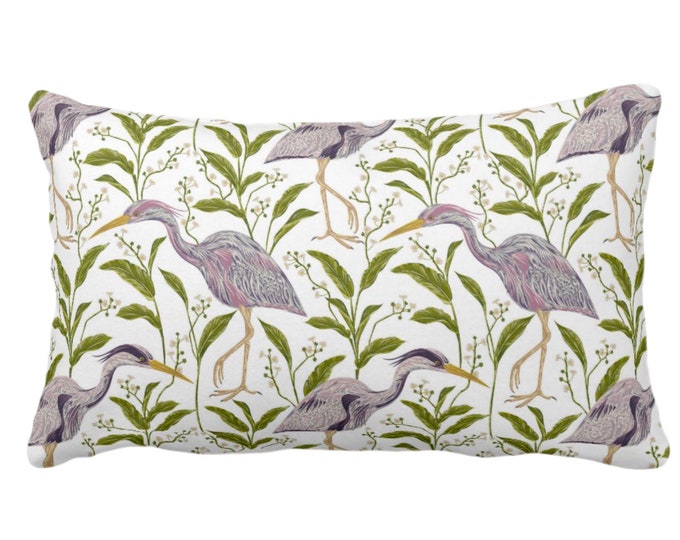 OUTDOOR Purple Heron Throw Pillow or Cover, 14 x 20" Lumbar/Oblong Pillows or Covers Lilac/Green Bird/Birds Naturalist Print/Pattern Toile