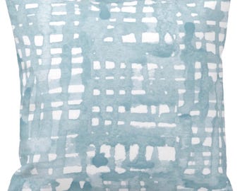 OUTDOOR Watercolor Grid Throw Pillow, Mineral Blue Geometric Print
