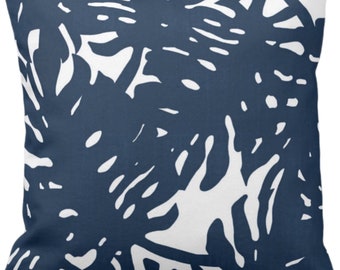 OUTDOOR Navy & White Palm Leaf Throw Pillow Cover, Tropical Print