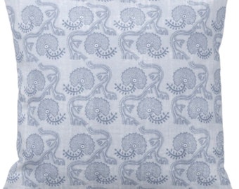 OUTDOOR Block Print Floral Throw Pillow Cover, Dusty Blue Batik