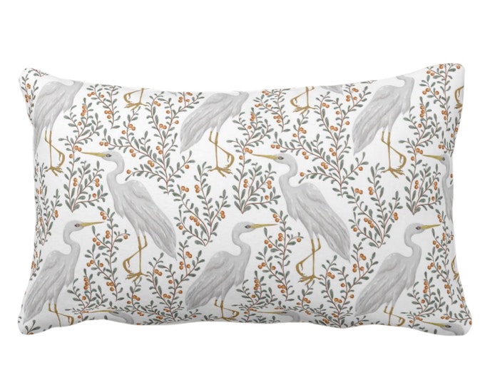 OUTDOOR White Cranes Throw Pillow or Cover, 14 x 20" Lumbar/Oblong Pillows or Covers Orange/Green Bird/Birds Naturalist Print/Pattern Toile