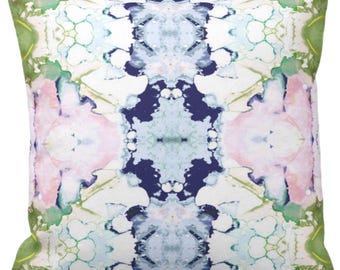 OUTDOOR Watercolor Abstract Throw Pillow Cover: Pink, Navy, Green Print