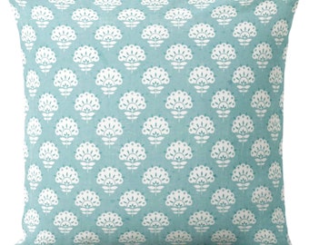OUTDOOR Floral Throw Pillow Cover, Pale Teal Block Print, Farmhouse Decor