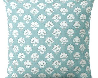 Floral Block Print Throw Pillow Cover, Teal Aqua, Vintage Design