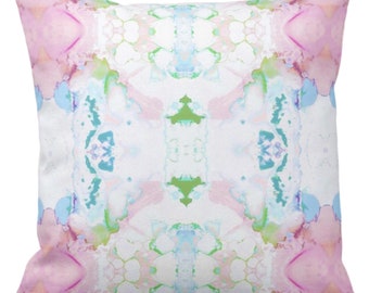 Almofada ou capa de almofada quadrada e lombar em aquarela espelhada, estampa abstrata moderna/brilhante/colorida rosa/verde/azul
