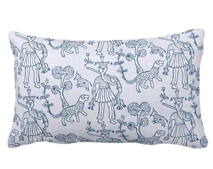 OUTDOOR Block Print Folk Throw Pillow or Cover, Washed Indigo 14 x 20" Lumbar Pillows/Covers, Blue Floral/Animal/Batik/Boho/Tribal Pattern