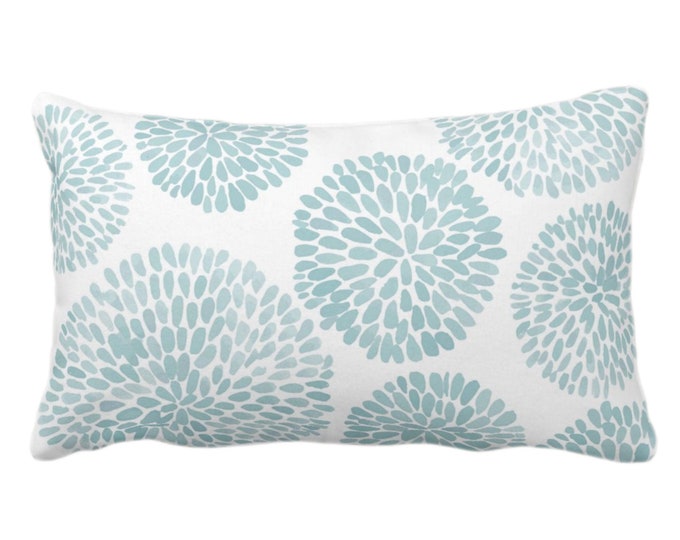 OUTDOOR Watercolor Chrysanthemum Throw Pillow/Cover Aqua/White 14 x 20" Lumbar Pillows/Covers Blue/Green Abstract/Modern/Floral/Flower Print