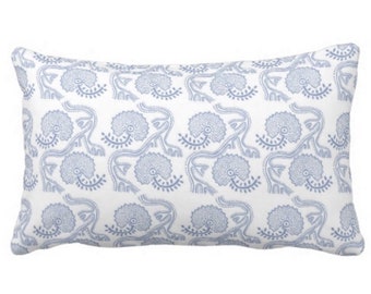 Block Print Floral Throw Pillow or Cover, Chambray/White 12 x 20" Lumbar Pillows or Covers, Blue Flower/Batik/Boho/Indian/Blockprint Pattern