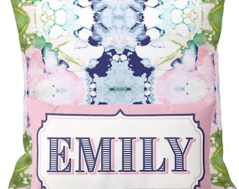 Personalized Lumbar Pillow Cover, Pink & Blue Abstract Print, Monogrammed Pillow, 12x20