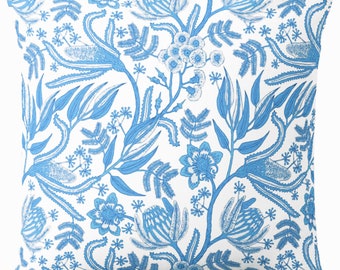 OUTDOOR Delft Blue Floral Throw Pillow Cover, Outdoor Botanical Print