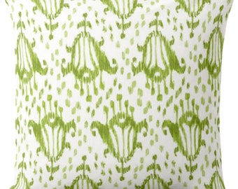 OUTDOOR Olive Green Ikat Throw Pillow, Floral Blockprint