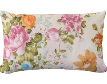 Vintage Floral Lumbar Pillow Cover, Pink Orange Roses Print