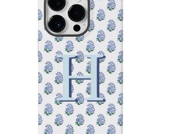 Personalized Initial iPhone Case: Navy Blue Toile Floral, MAGSAFE or Tough