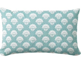 SALE Petite Floral Lumbar Throw Pillow Cover, Pale Teal 12 x 20", Blue/Green Aqua Block Print/Blockprint/Vintage/Farmhouse Design