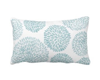 Watercolor Chrysanthemum Throw Pillow or Cover, Aqua/White 12 x 20" Lumbar Pillows/Covers, Blue/Green Abstract/Modern/Floral/Flower Print