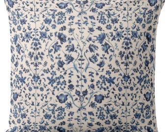 Delft Floral Square and Lumbar Throw Pillows or Covers, Vintage Indigo Toile/Nature Flowers