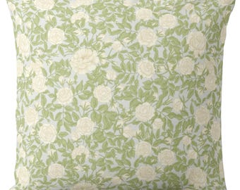 Vintage Roses Square and Lumbar Throw Pillows or Covers, Blue, Green & Yellow Botanical Print