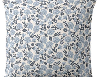 Blue Vintage Floral Square and Lumbar Throw Pillows or Covers, Botanical/Block Print