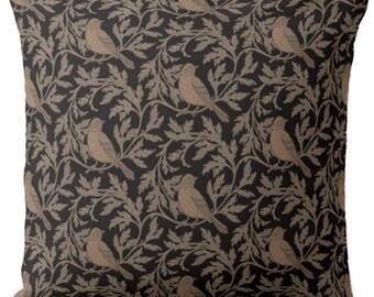Vintage Bird Floral Square and Lumbar Throw Pillows or Covers, Brown Botanical Print