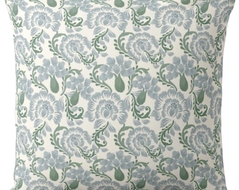 Blockprint Floral Square and Lumbar Throw Pillows or Covers, Blue & Green Botanical Block Print
