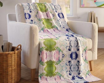 Mirrored Watercolor Silky/Minky Throw Blanket, 3 Sizes, Pink/Navy/Green Abstract Modern/Art/Colorful/Bright/Preppy Soft, Velveteen