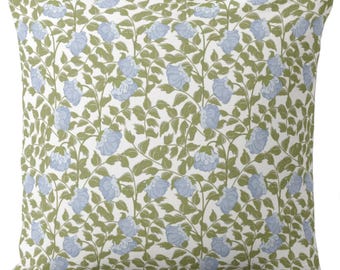 Bluebell Floral Square and Lumbar Throw Pillows or Covers, Blue & Green Botanical Block Print