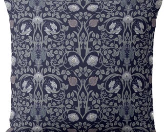 Nouveau Floral Square and Lumbar Throw Pillows or Covers, Navy Blue Botanical Print