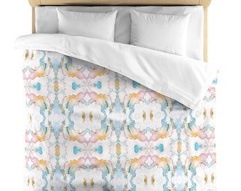 Mirrored Watercolor Lightweight Microfiber Duvet Cover, Orange/Pink/Turquoise Abstract Modern/Colorful/Bright Preppy Room Decor