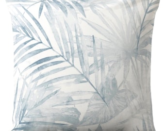 Coastal Blue Watercolor Palm Leaf Throw Pillow Cover, Tropical Print