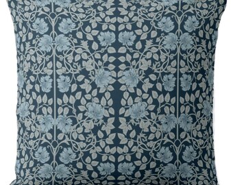 Nouveau Floral Square and Lumbar Throw Pillows or Covers, Ribbon Blue Botanical Print
