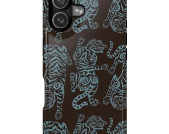 Temple Tigers iPhone Case: Espresso & Teal Animal Print, MagSafe or Tough Cover