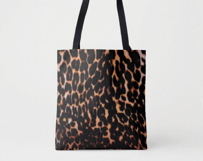 Dark Leopard Print Market Tote, Black and Camel Boho Animal Print Bag, Printed Cat Spotted/Ocelot Pattern, Brown/Tan