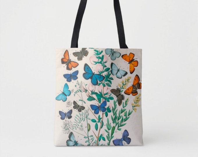 Vintage Butterflies Print Market Tote, Multi Colored Shoulder Bag, Butterfly Floral/Flowers Nature Illustration Blue/Orange Boho Design