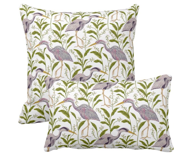 OUTDOOR Purple Heron Throw Pillow/Cover 14x20, 16, 18, 20, 26" Sq/Lumbar Pillows/Covers, Toile/Coastal/Nature/Botanical Bird Print/Pattern