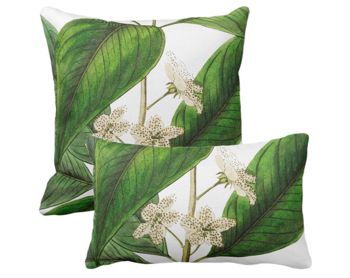 OUTDOOR Vintage Botanical White Flowers Throw Pillow/Cover 14x20, 16, 18, 20, 26" Sq/Lumbar Pillows/Covers Green/White Tropical/Floral Print