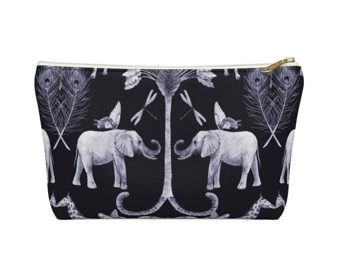 Elephants & Butterflies Print Zippered Pouch, Navy Blue Animal/Insect Pattern, Cosmetics/Pencil/Make-Up Organizer/Bag, Dragonflies/Giraffe