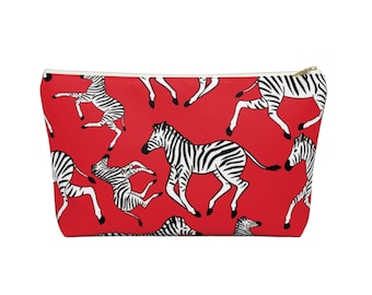 Zebras Zippered Pouch, True Red, Black & White Animal Print Design, Cosmetics/Pencil/Make-Up Organizer/Bag, Lipstick/Stripe Pattern Tomato