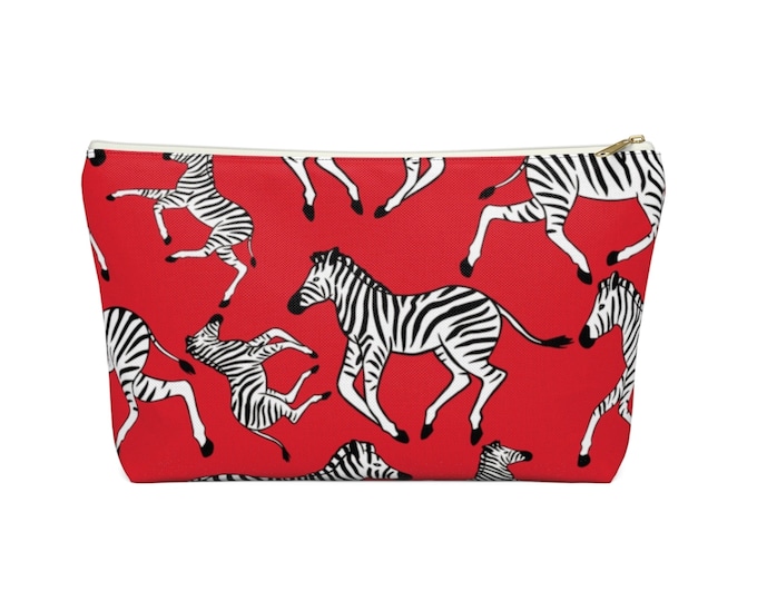 Zebras Zippered Pouch, True Red, Black & White Animal Print Design, Cosmetics/Pencil/Make-Up Organizer/Bag, Lipstick/Stripe Pattern Tomato