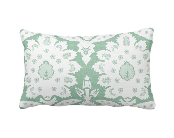 OUTDOOR Sofia Floral Print Throw Pillow/Cover, Celadon 14 x 20" Lumbar Pillows/Covers, Light Green/White Damask/Modern/Farmhouse Pattern