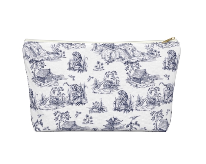 Tiger Toile Print Zippered Pouch, Navy Blue/White Pattern, Cosmetics/Pencil/Make-Up Organizer/Bag, Pagoda/Temple/Chinoiserie Design/Pattern