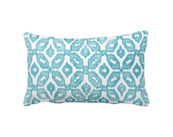 OUTDOOR Teal Ikat Print Throw Pillow or Cover 14 x 20" Lumbar Pillows/Covers, Aqua & White Geometric/Diamonds/Dots/Diamond/Trellis/Geo