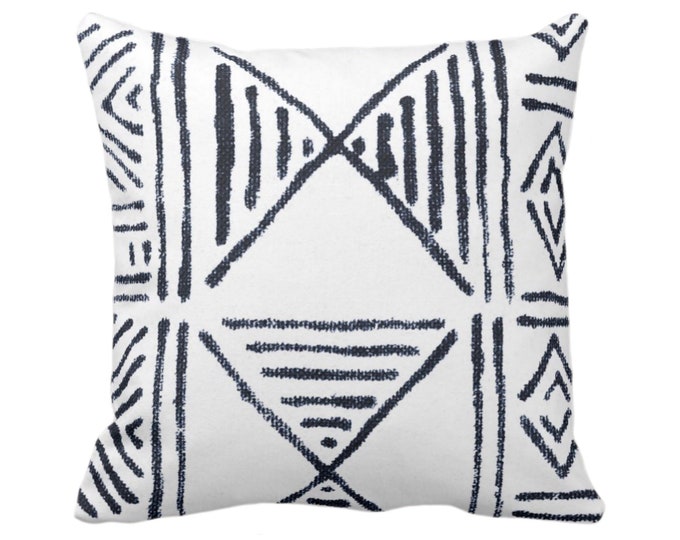 OUTDOOR Mud Cloth Printed Throw Pillow Cover, White/Navy Blue 14, 16, 18, 20, 26" Sq Pillows/Covers, Mudcloth/Boho/Geometric/African Pattern