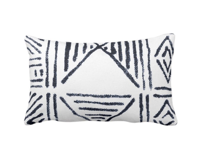 Mud Cloth Printed Throw Pillow or Cover, White/Navy Blue 12 x 20" Lumbar Pillows or Covers, Mudcloth/Boho/Tribal/Geometric/Geo/African Print