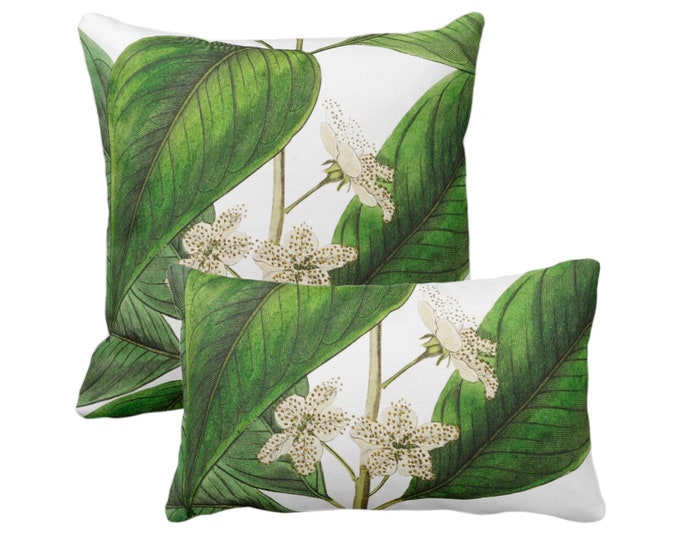 Vintage Botanical White Flowers Throw Pillow or Cover 12x20, 16, 18, 20, 22, 26" Sq/Lumbar Pillows/Covers, Green/White Tropical/Floral Print