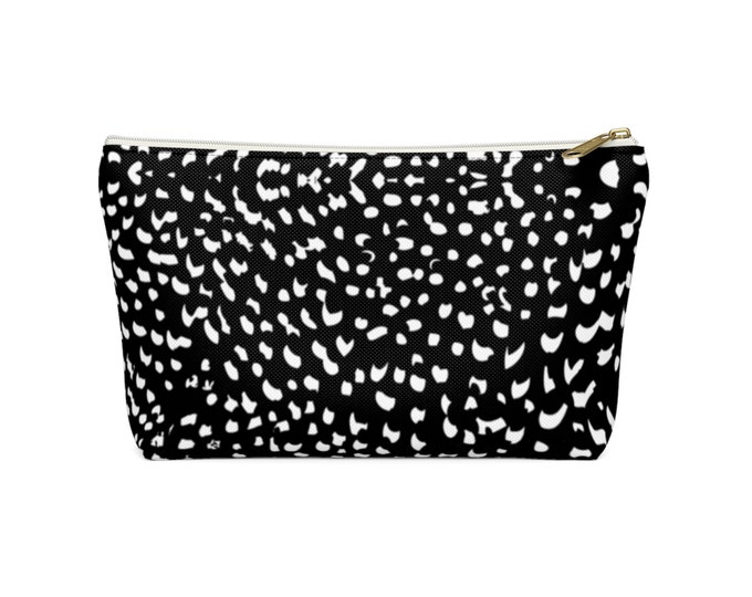 Subtle Animal Print Zippered Pouch, Black & White Mirrored Spots Design, Cosmetics/Pencil/Make-Up Organizer/Bag, Abstract Leopard Pattern