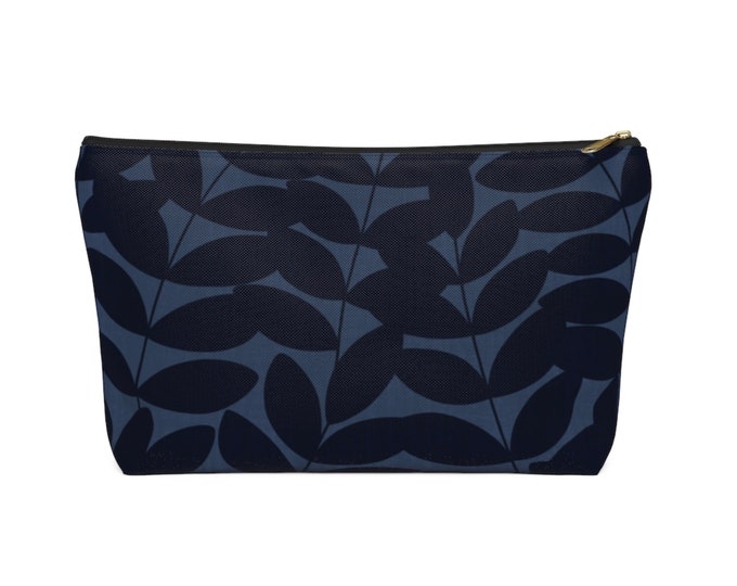 Stems Modern Botanical Print Zippered Pouch, Navy Blue Cosmetics/Pencil/Make-Up Organizer/Bag, Nature/Floral/Minimal/Leaves Design/Pattern